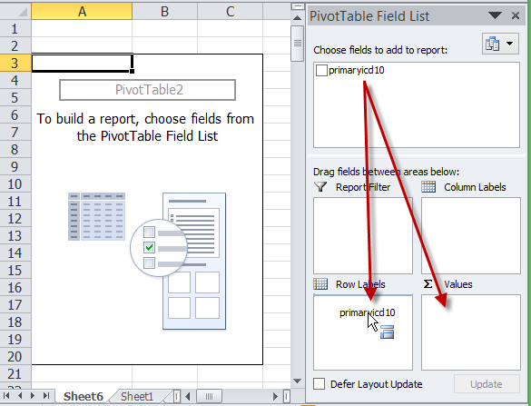 ลาก Field มาวางตรง Row Labels, Vaues