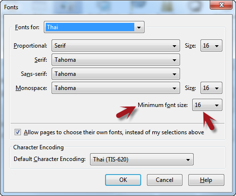 ตรง Minimum font size ปรับเป็นขนาดที่ต้องการ